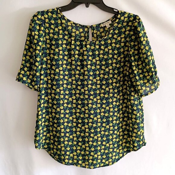 Lily White Navy Blue & Yellow Ditsy Floral Print S/S Poly Chiffon Blouse Shirt M - Picture 1 of 6